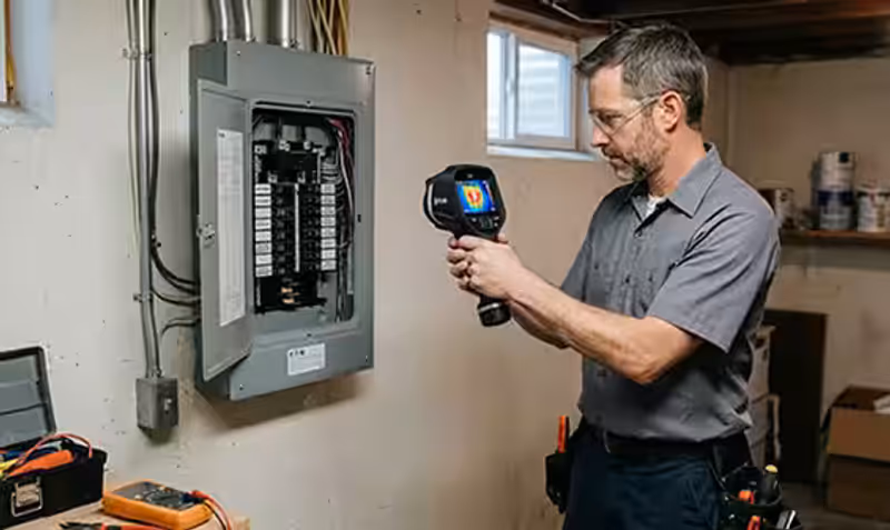 Thermal imaging camera showing an electrical hot spot in a breaker panel.