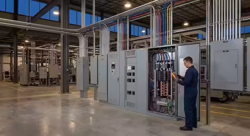 Close-up of organized circuit wiring and diagnostic tools in an electrical panel.