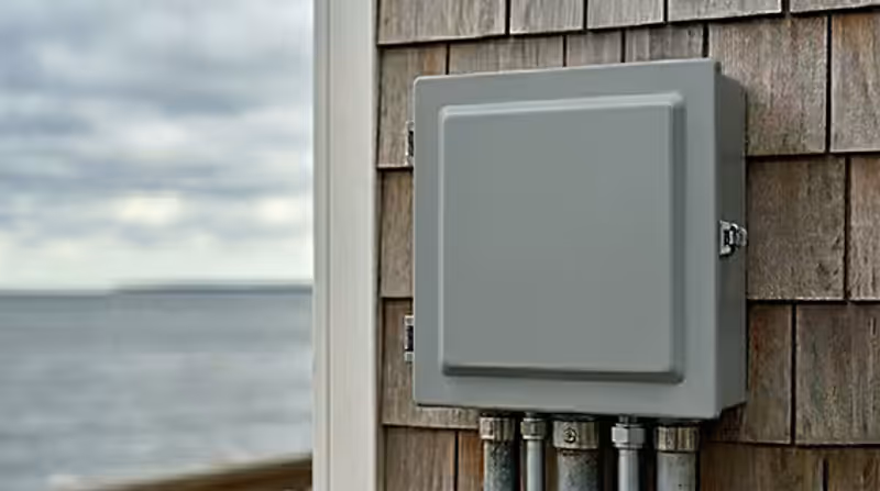 Corrosion-resistant outdoor electrical disconnect installed near a coastal property.